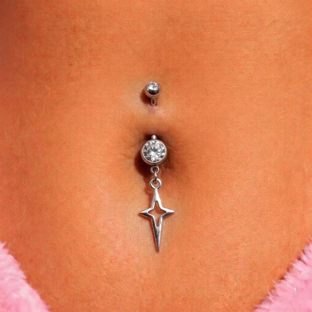 Surgical steel silver CZ Star Belly Naval Bar