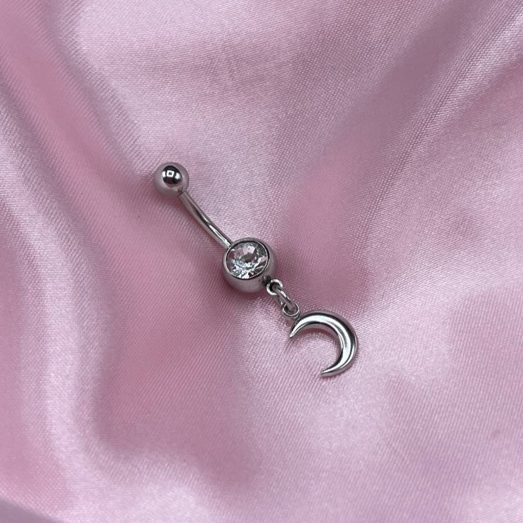 Surgical steel silver CZ moon Belly Naval Bar
