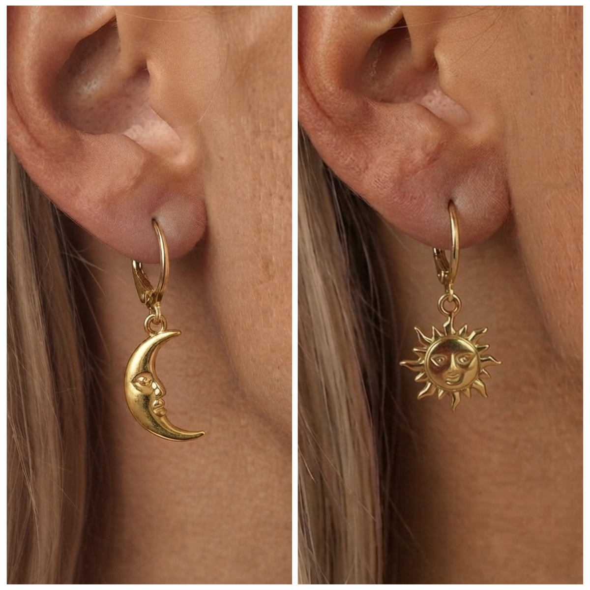 Gold Stainless steel Moon and Sun Huggie Hoop Earrings