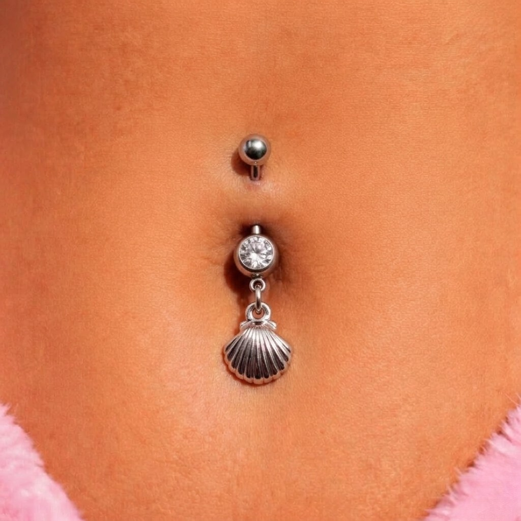 Silver surgical steel cz sea shell Dangly Belly Bar