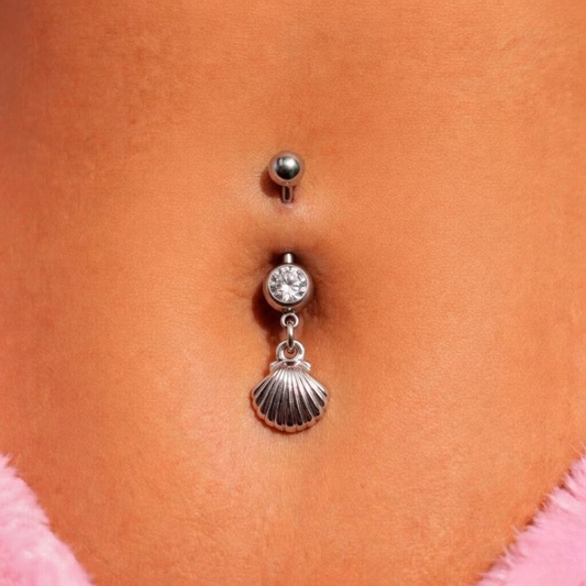 Silver surgical steel cz sea shell Dangly Belly Bar
