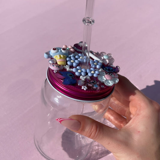 Stitch Junk Glass Drinking Cup with straw