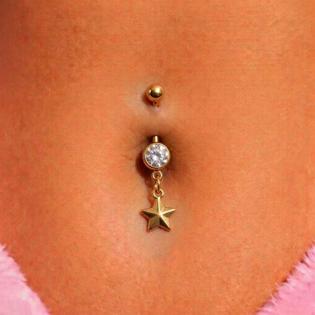 Gold surgical steel cz star Belly Naval Bar