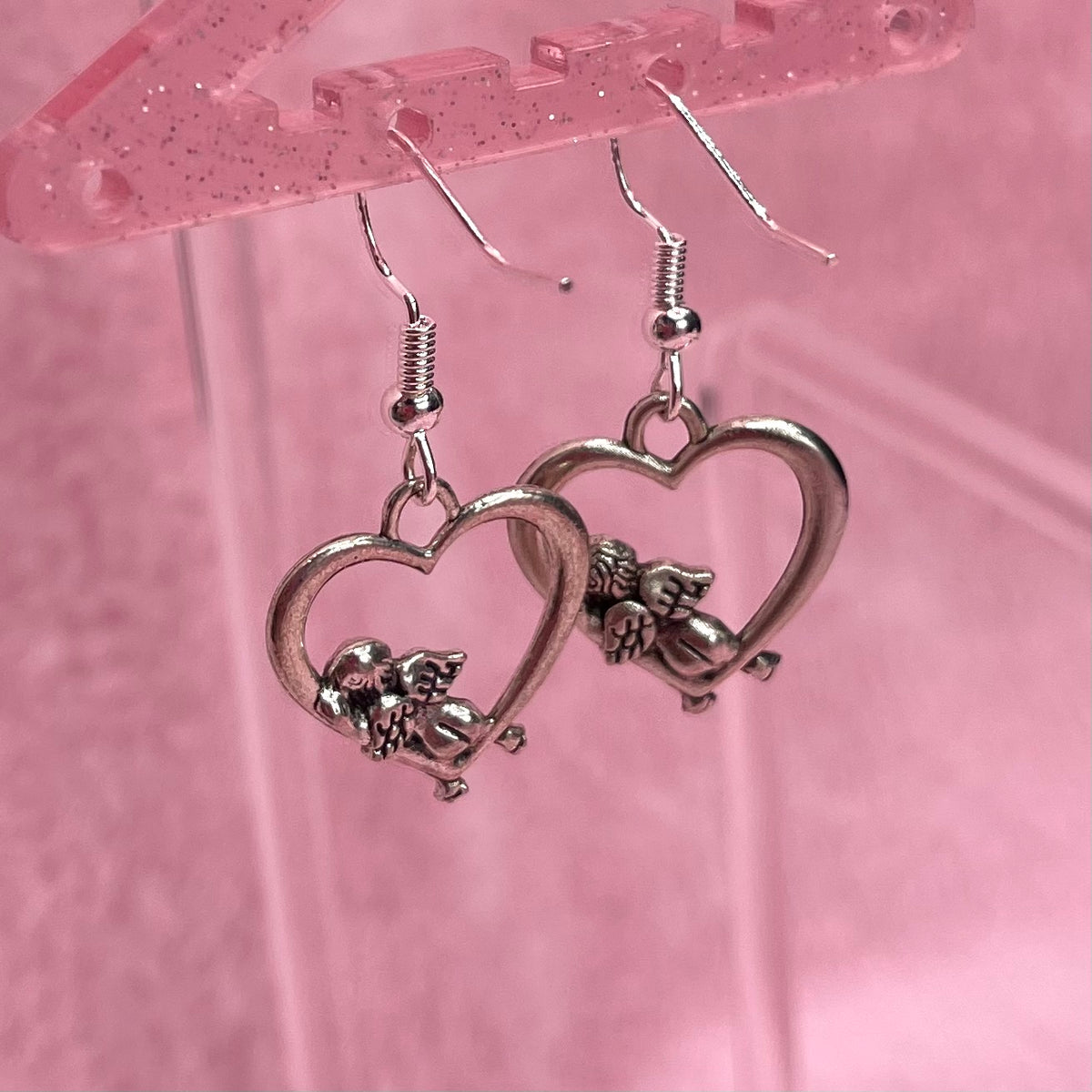 925 Sterling silver Cherub Angel heart Earrings