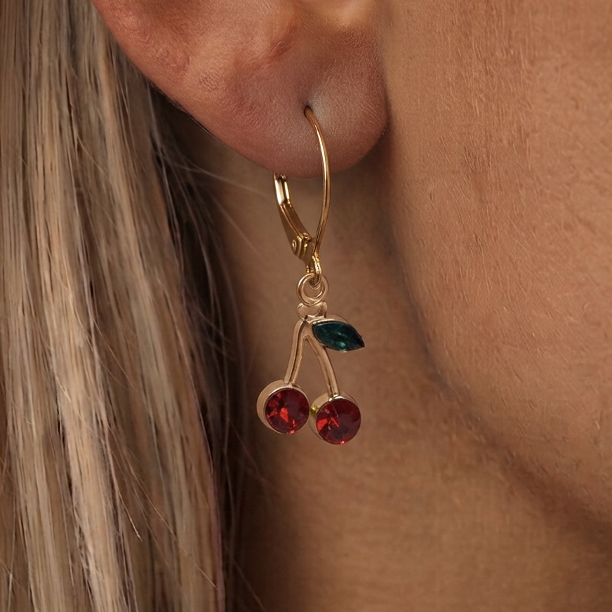Gold Stainless steel CZ Cherry Huggie Hoop Earrings