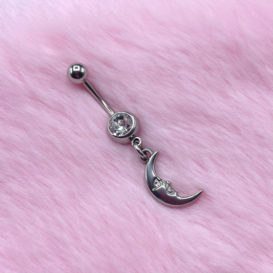 Silver surgical steel cz moon Belly Naval Bar