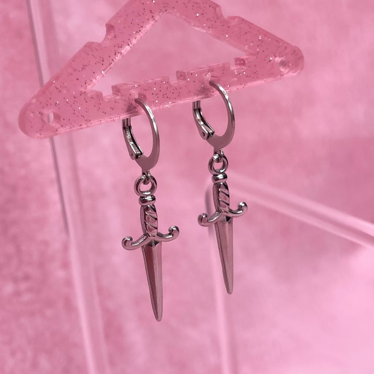 Silver Stainless steel Dagger Huggie Hoop Earrings