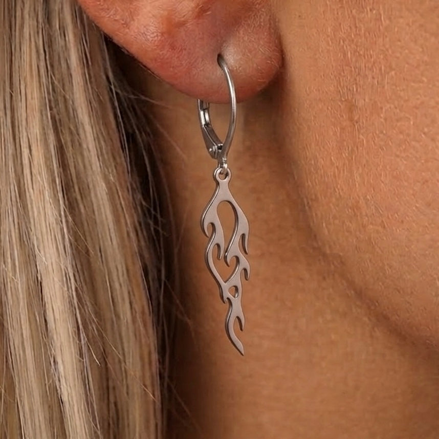 Silver Stainless steel Flame Huggie Hoop Earrings
