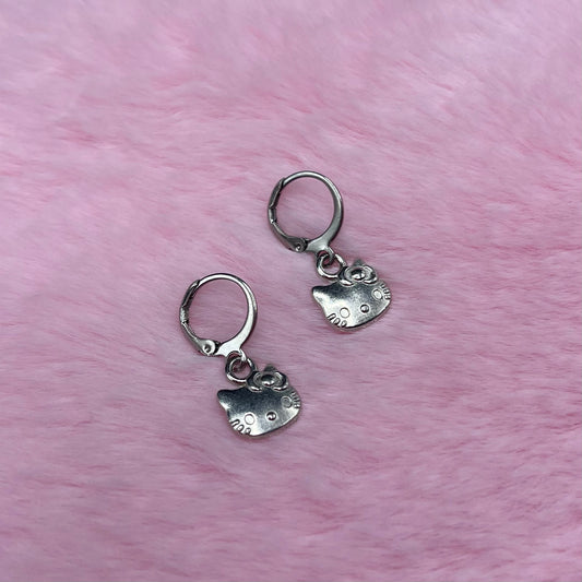 Silver Stainless steel kitty Huggie Hoop Earrings