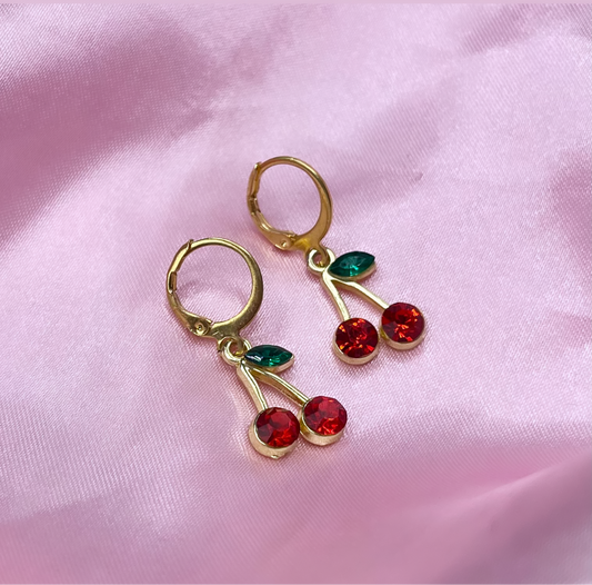 Gold Stainless steel CZ Cherry Huggie Hoop Earrings