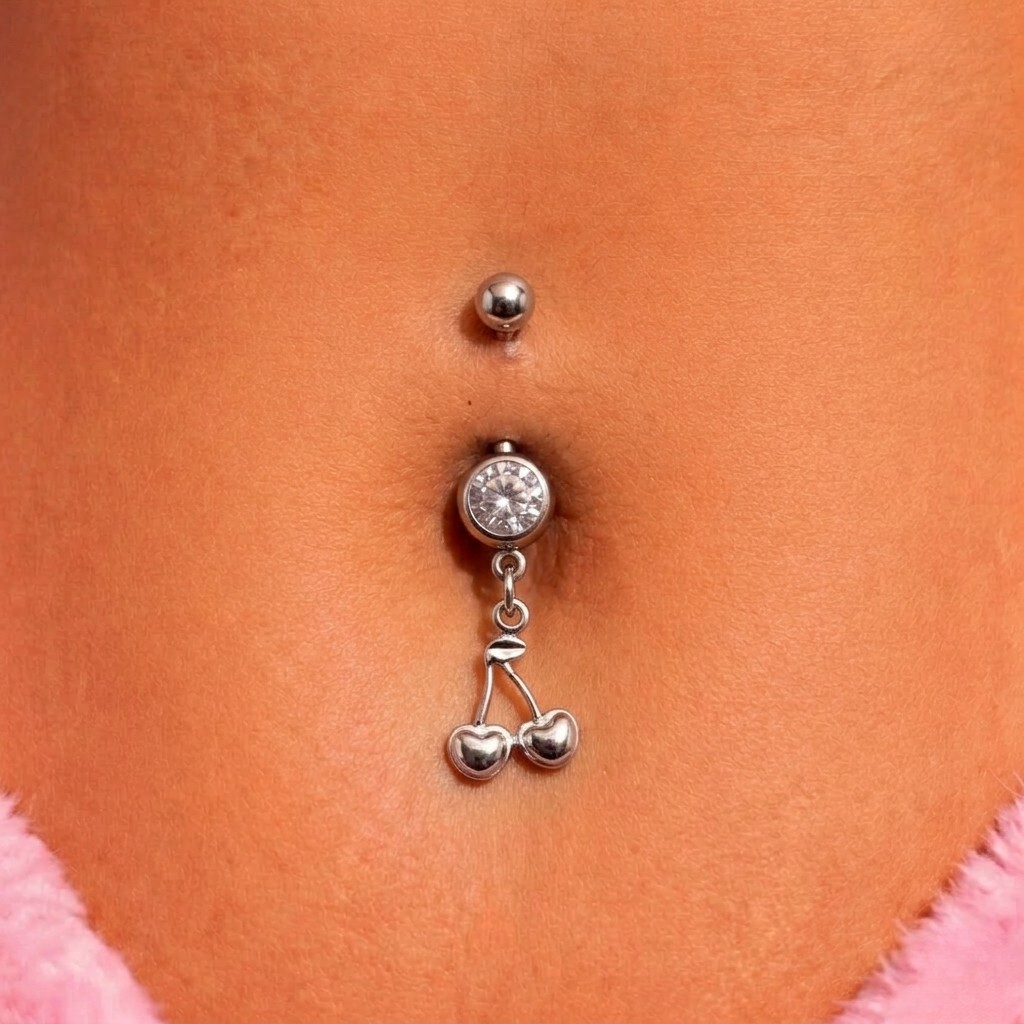 Surgical steel silver CZ cherry Belly Naval Bar