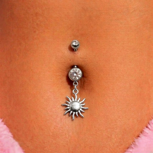 Silver surgical steel cz sun dangly Belly Bar