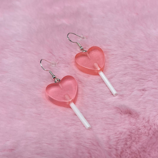 Sterling silver baby pink heart lollipop Earrings