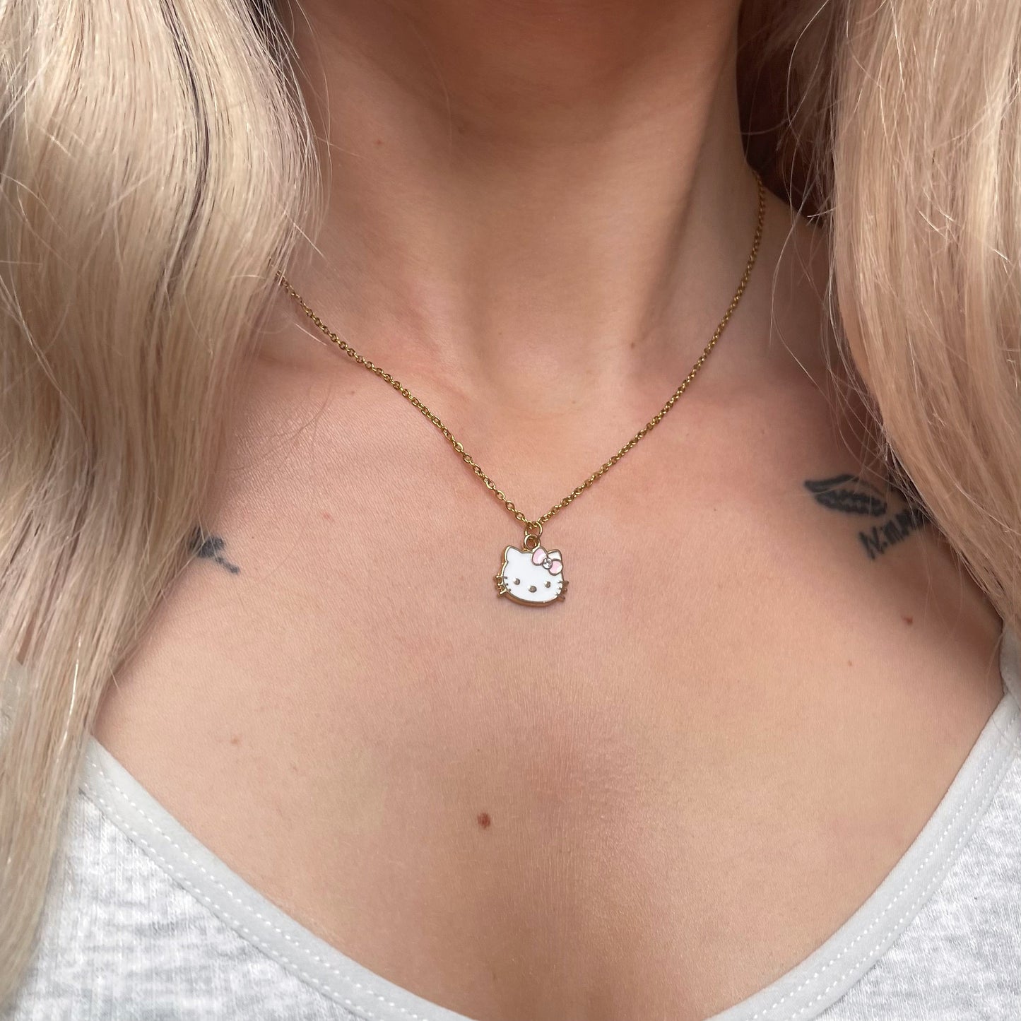 Gold stainless steel diamanté cz Kawaii Kitty adjustable Necklace