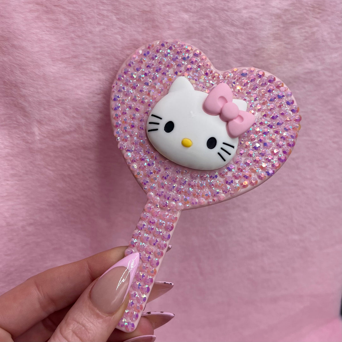 Handheld kitty kawaii rhinestoned mirror ( made to order )