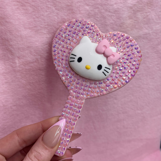 Handheld kitty kawaii rhinestoned mirror ( made to order )