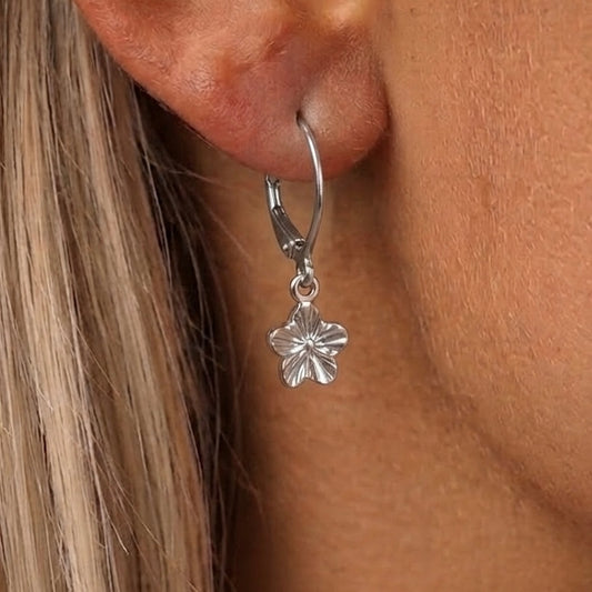 Silver Stainless steel Flower Huggie Hoop Earrings
