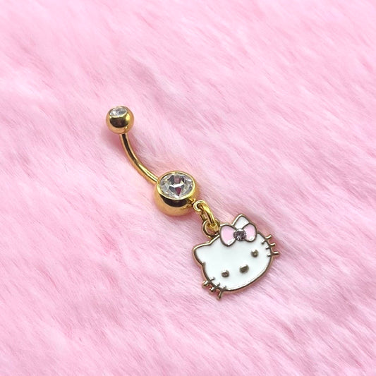 Gold Surgical steel CZ kitty Belly Naval Bar