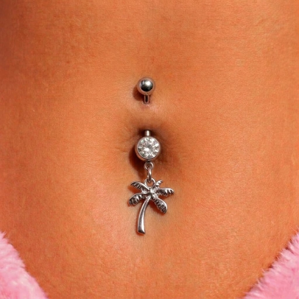 Silver surgical steel cz palm tree Dangly Belly Bar