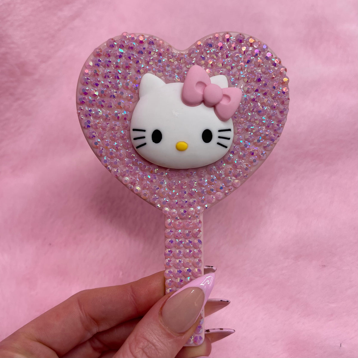 Handheld kitty kawaii rhinestoned mirror ( made to order )