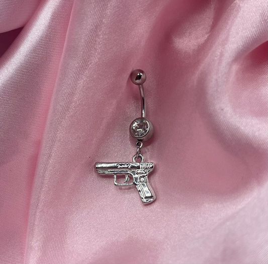 Surgical steel silver CZ gun Belly Naval Bar