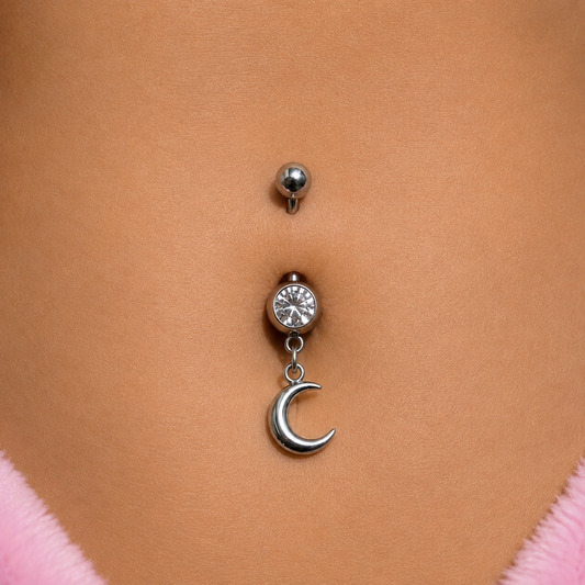 Surgical steel silver CZ moon Belly Naval Bar