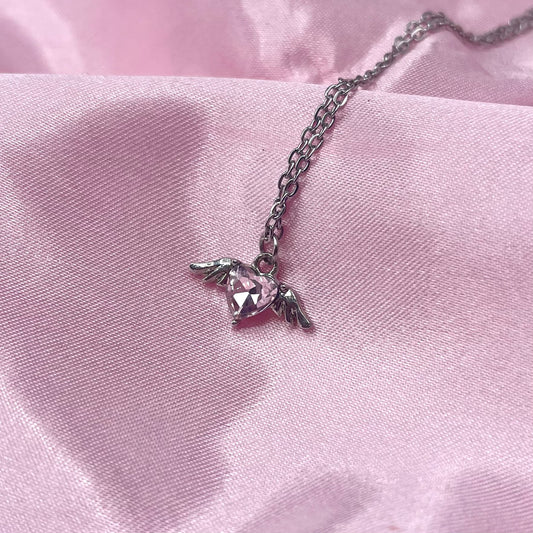 Hypo allergenic Diamanté Baby pink Winged Heart Charm Necklace