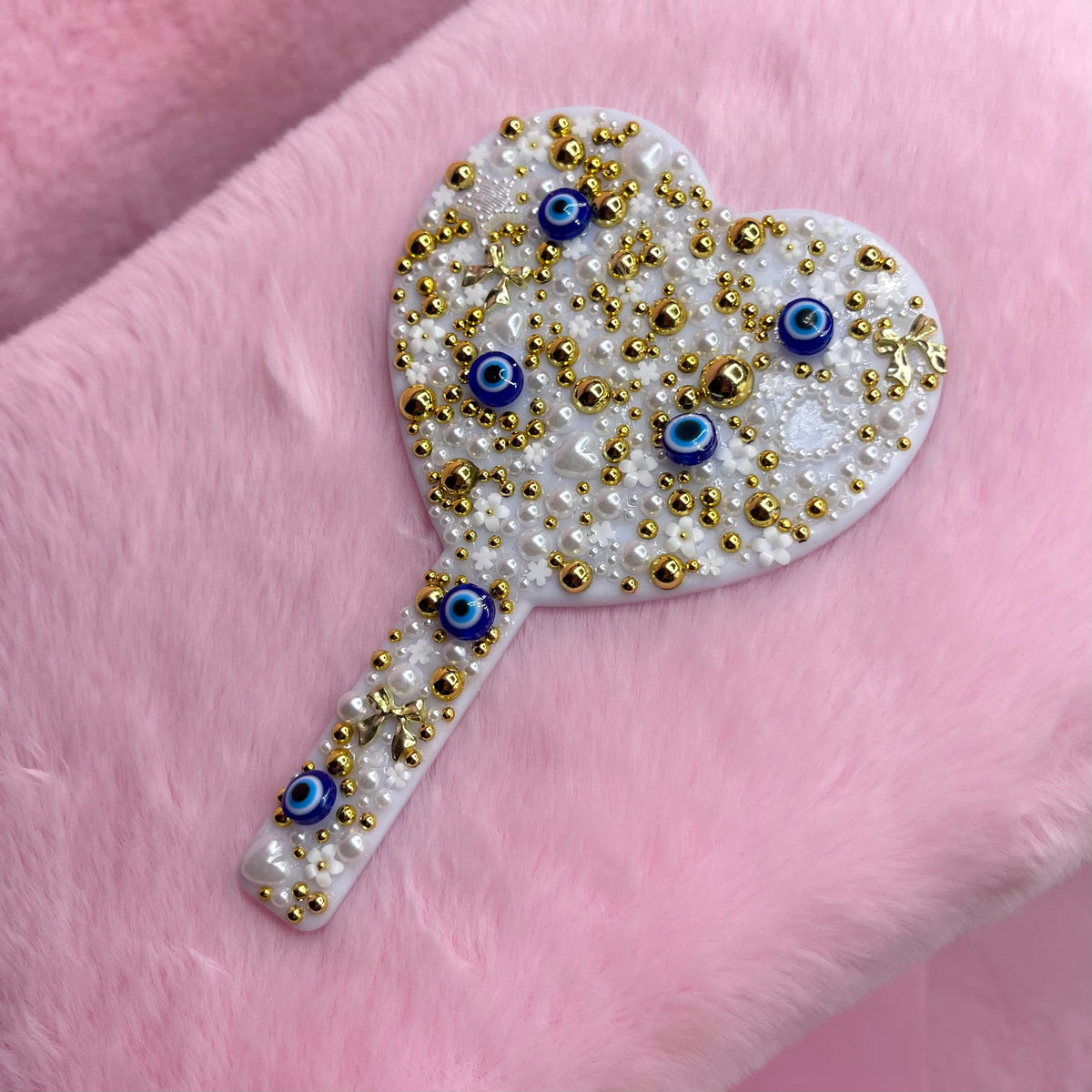Handheld evil eye pearl rhinestoned mirror ( made to order )