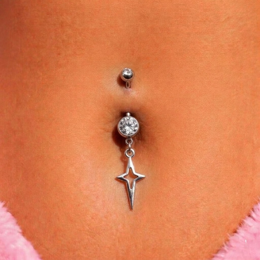 Surgical steel silver CZ Star Belly Naval Bar