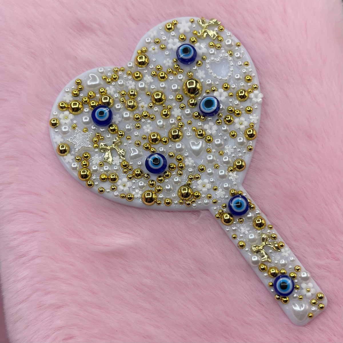 Handheld evil eye pearl rhinestoned mirror ( made to order )