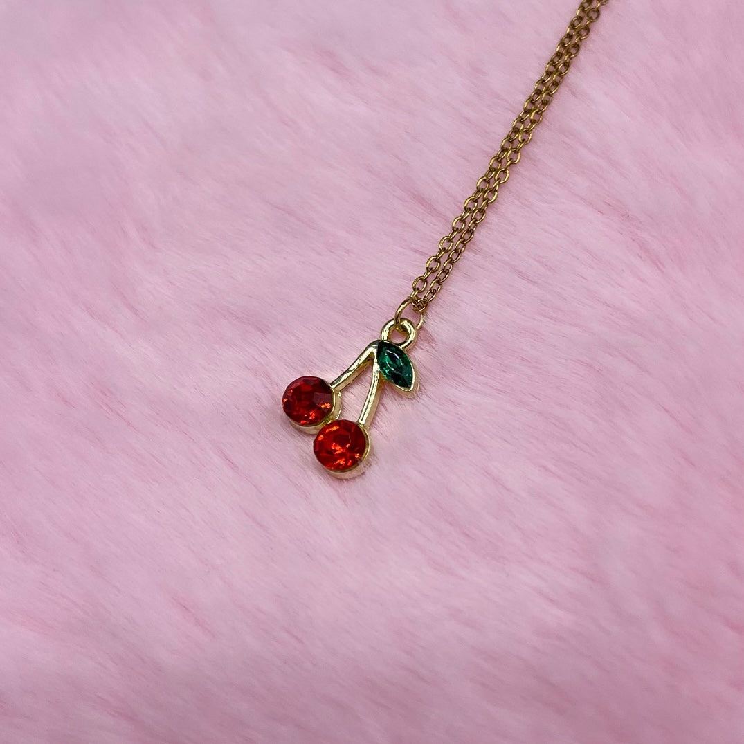 Gold stainless steel diamanté cz cherry adjustable Necklace