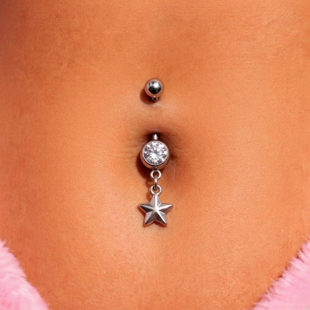 Silver surgical steel cz star Belly Naval Bar