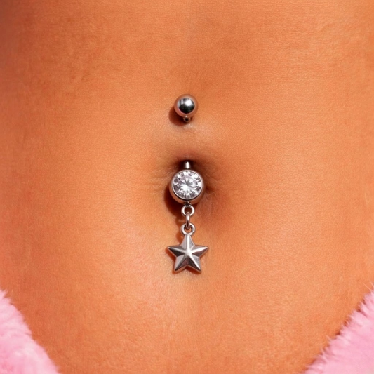 Silver surgical steel cz star Belly Naval Bar