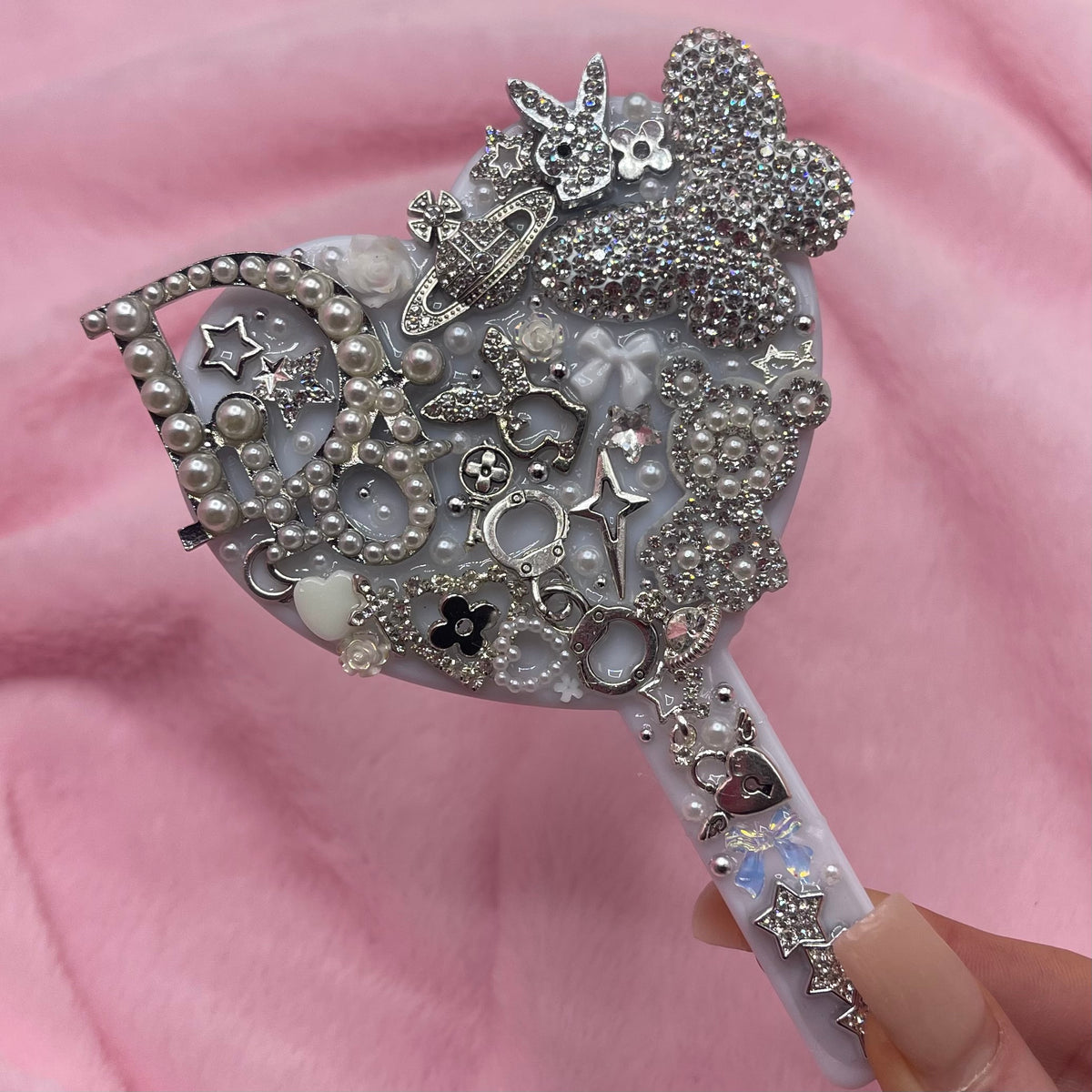 Handheld luxury rhinestoned mirror