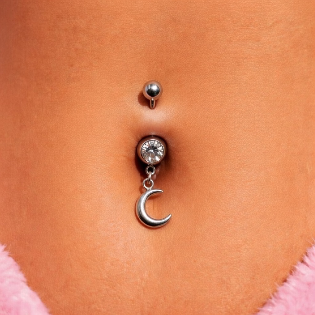 Surgical steel silver CZ moon Belly Naval Bar