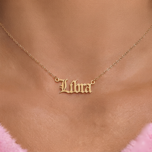 Stainless steel Gold Zodiac Sign Horoscope Necklace Old English letter