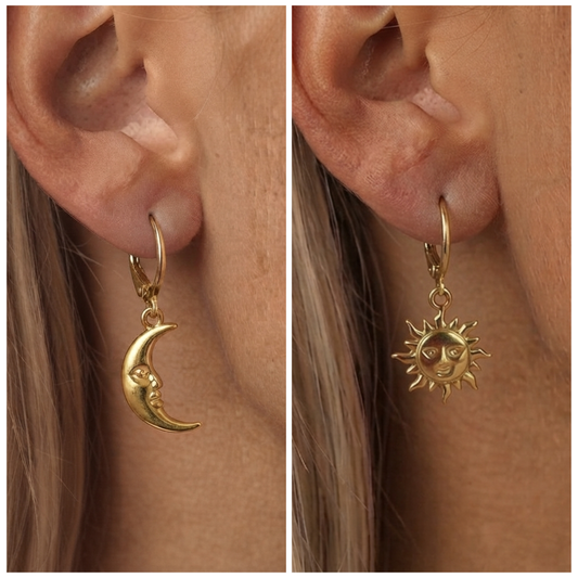 Gold Stainless steel Moon and Sun Huggie Hoop Earrings