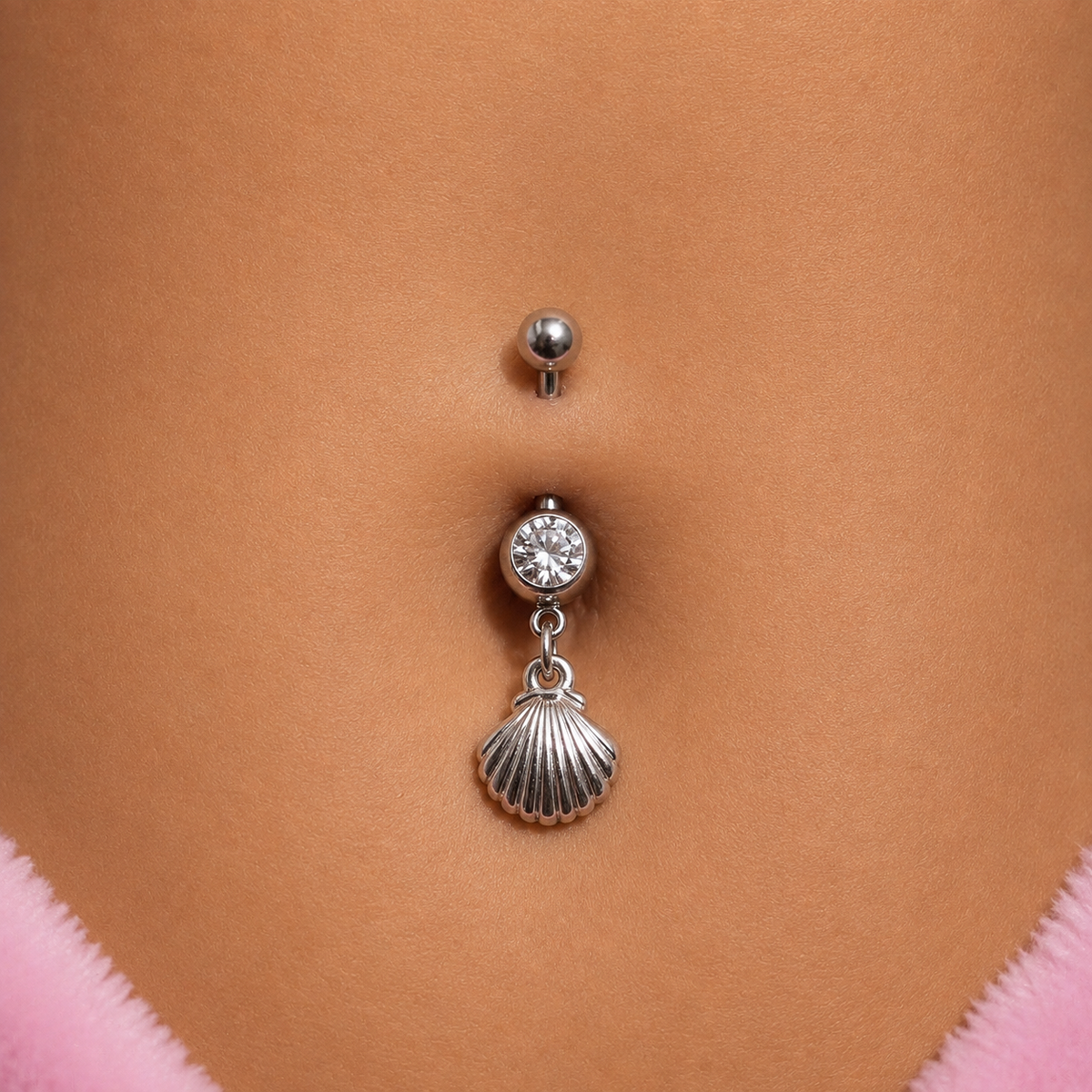 Silver surgical steel cz sea shell Dangly Belly Bar
