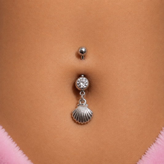Silver surgical steel cz sea shell Dangly Belly Bar