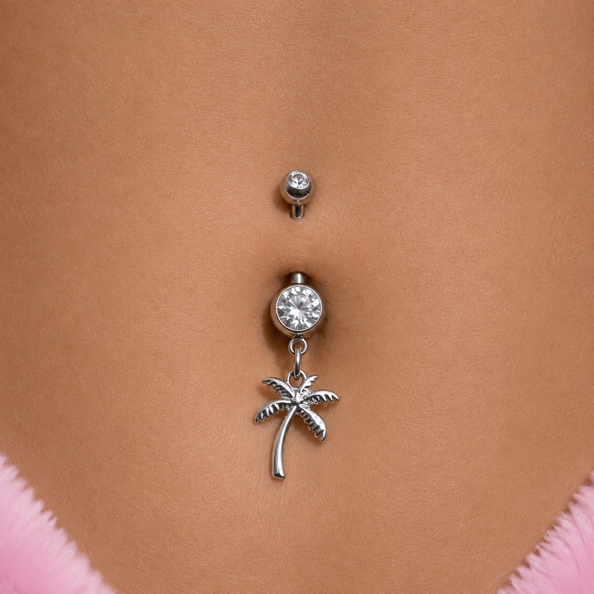 Silver surgical steel cz palm tree Dangly Belly Bar