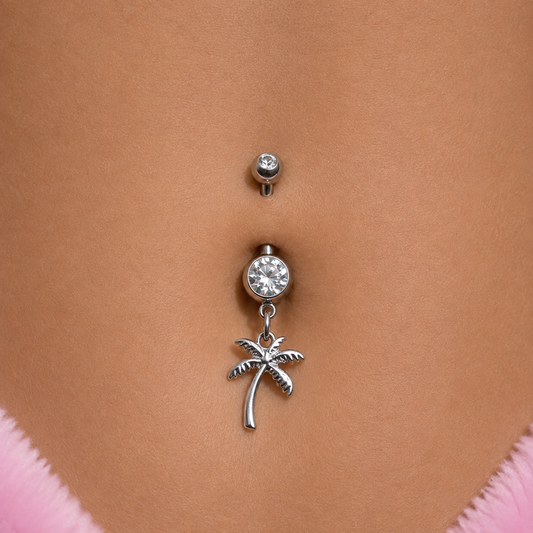 Silver surgical steel cz palm tree Dangly Belly Bar