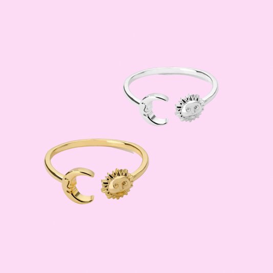 Hypoallergenic moon and sun adjustable Ring